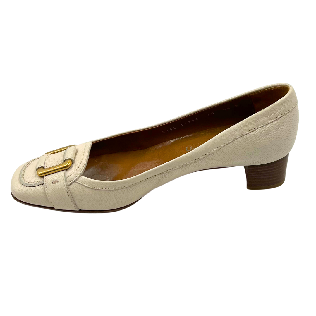 Ferragamo Ivory/Gold Leather Heels