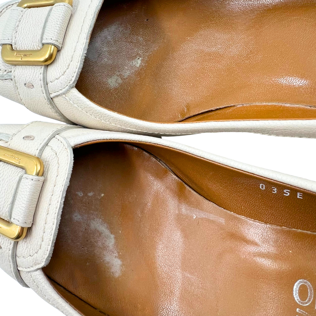 Ferragamo Ivory/Gold Leather Heels