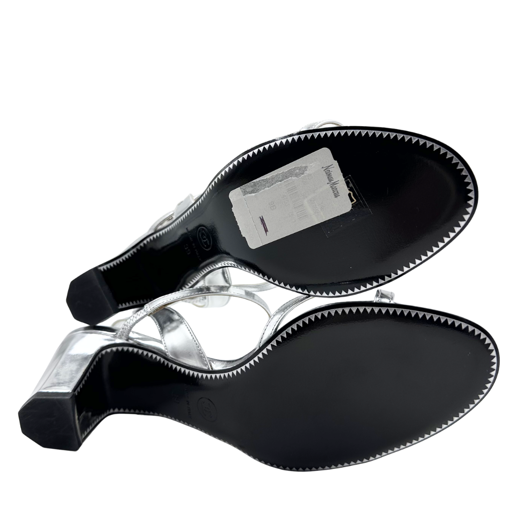 Chanel 9 39 Silver Metallic Leather Sandals