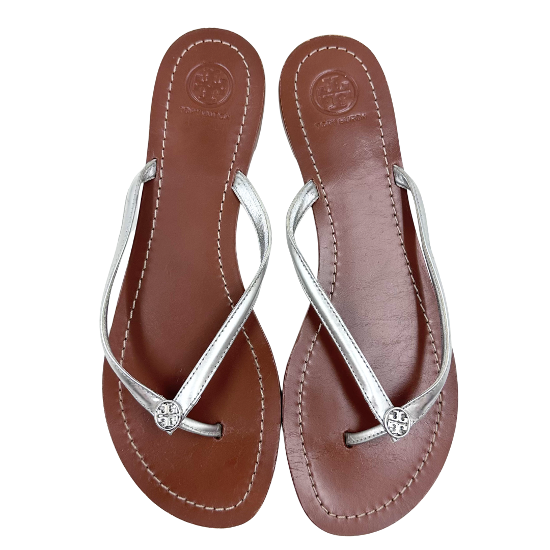 Tory Burch 9.5 Silver Leather Thong