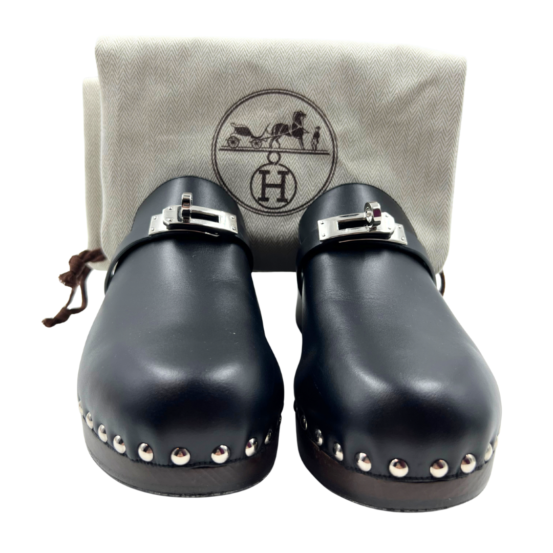 Hermes 6.5 37 Black/Brown Leather Mules
