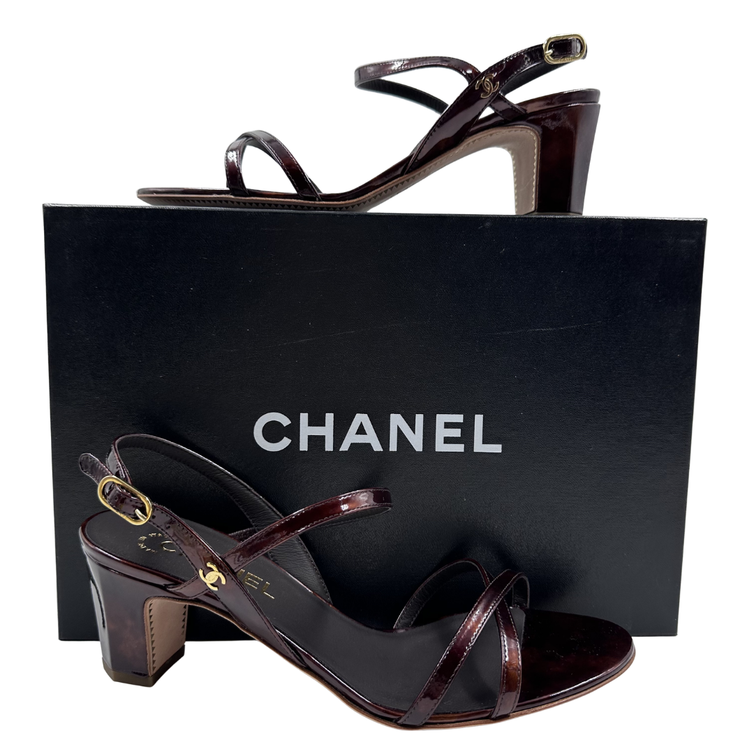 Chanel 9 39 Brown Metallic Patent Leather Sandals