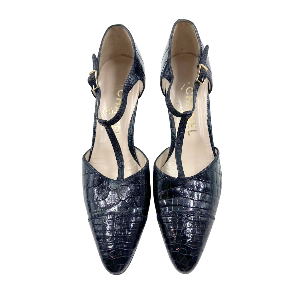 Chanel 7.5 38 Black Leather Heels