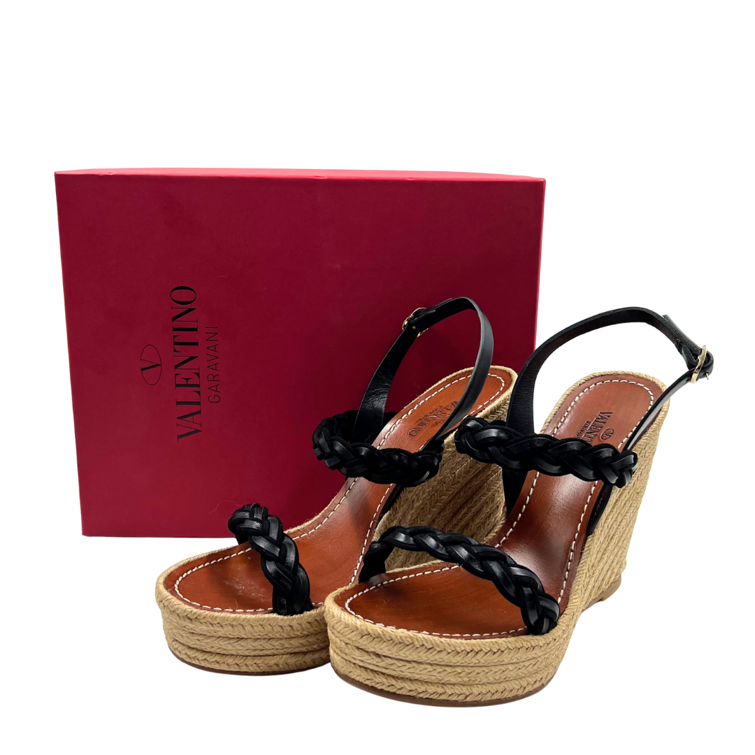 Valentino 9 40 Black Leather Braided Espadrille