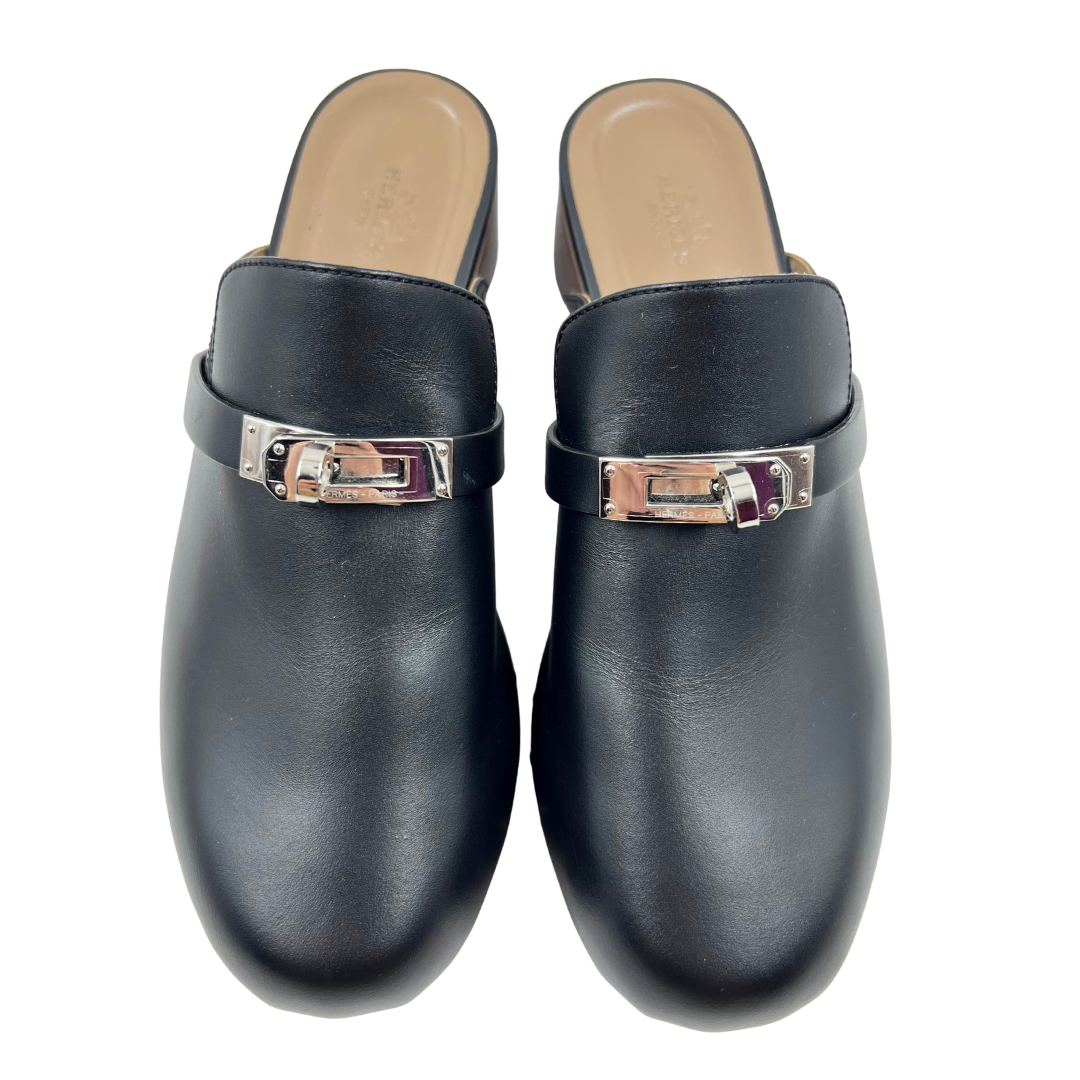 Hermes 6.5 37 Black/Brown Leather Mules