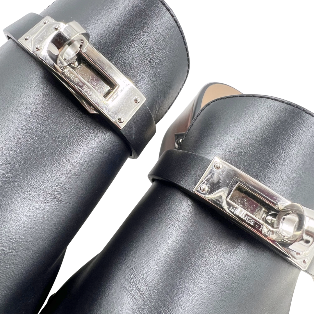 Hermes 6.5 37 Black/Brown Leather Mules