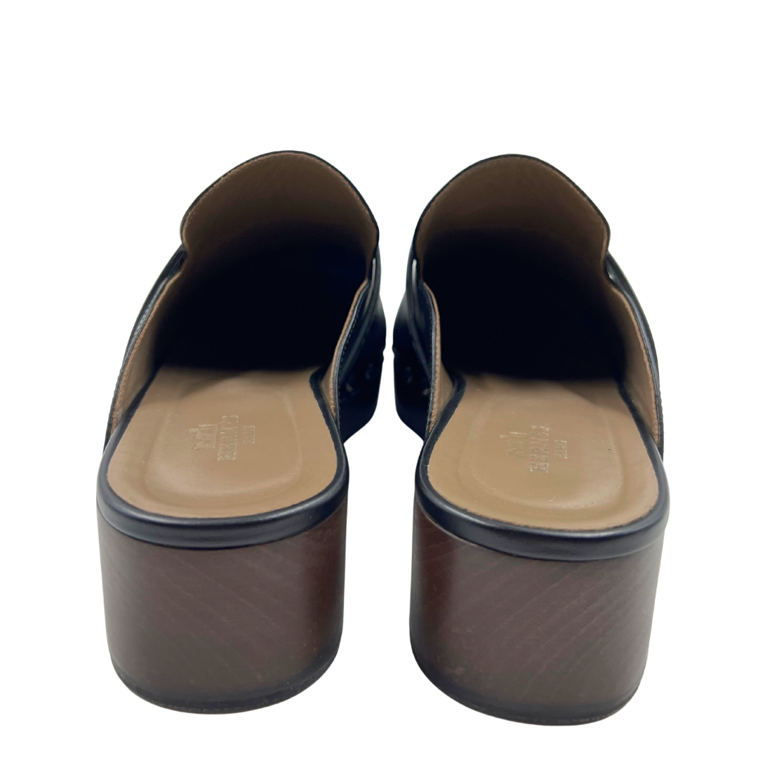 Hermes 6.5 37 Black/Brown Leather Mules
