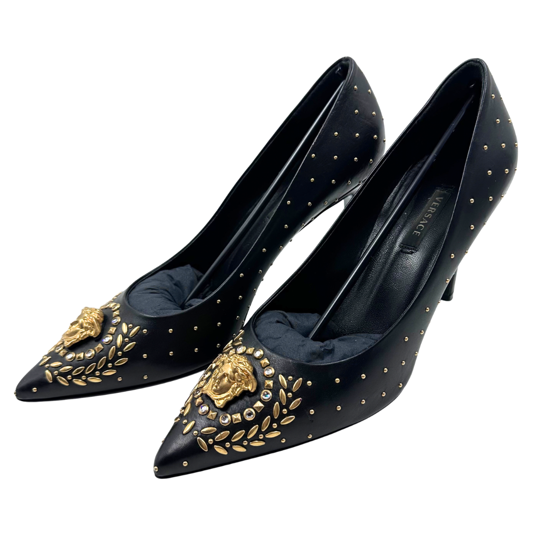 Versace 38 Black/Gold Leather Heels