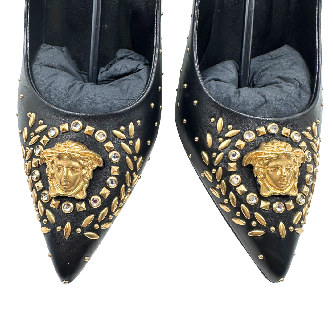 Versace 38 Black/Gold Leather Heels