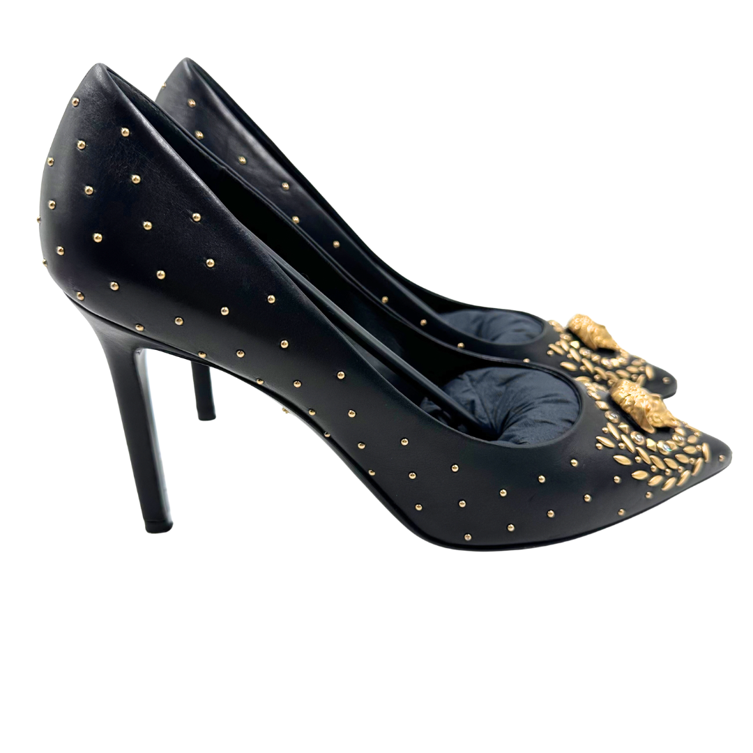 Versace 38 Black/Gold Leather Heels