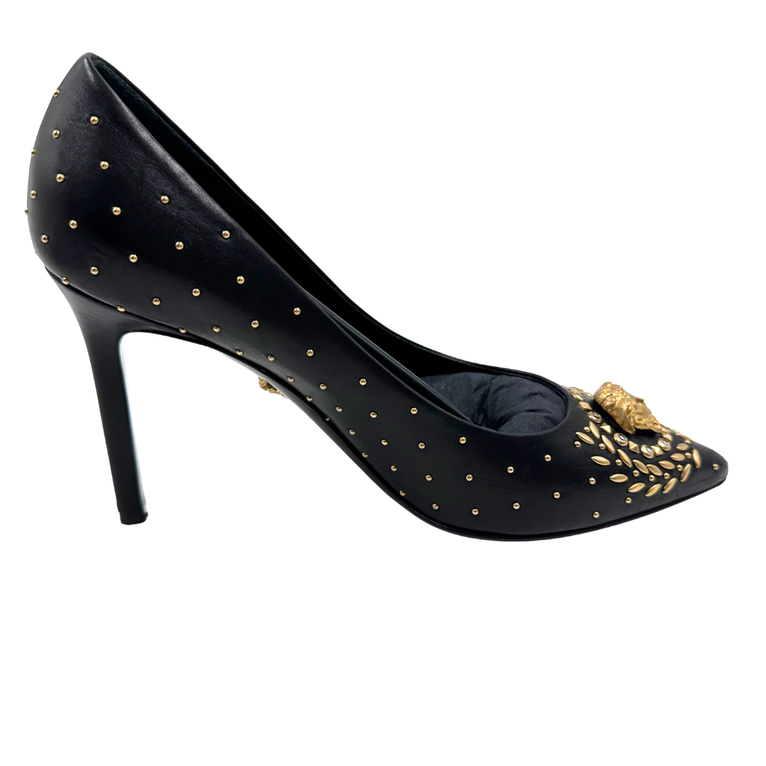 Versace 38 Black/Gold Leather Heels