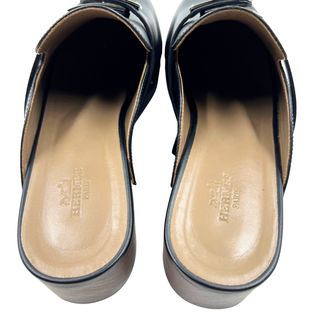 Hermes 6.5 37 Black/Brown Leather Mules