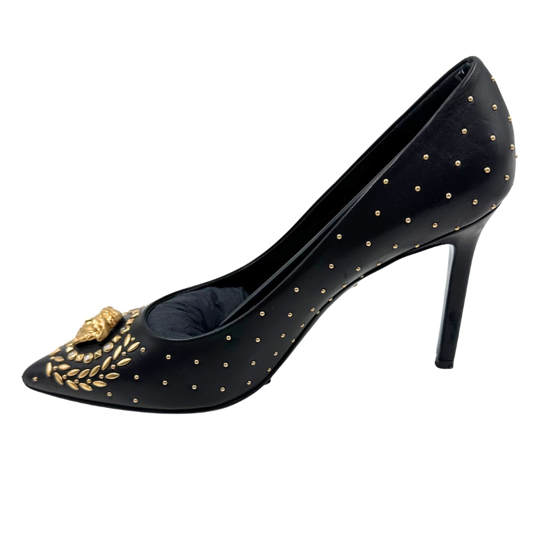Versace 38 Black/Gold Leather Heels