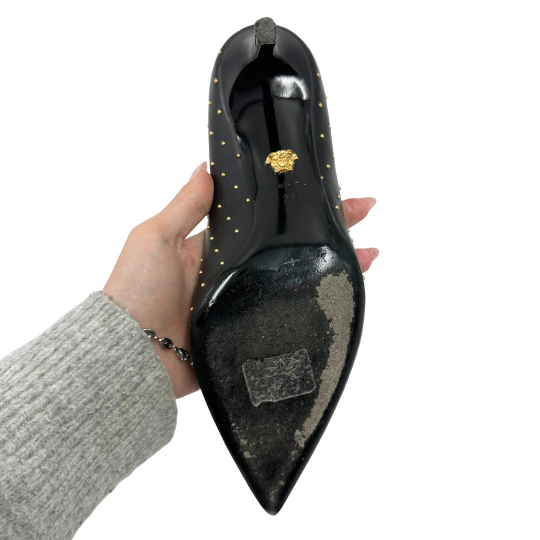 Versace 38 Black/Gold Leather Heels