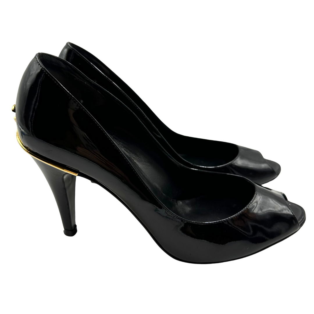 Chanel Black Gold Patent Leather Heels