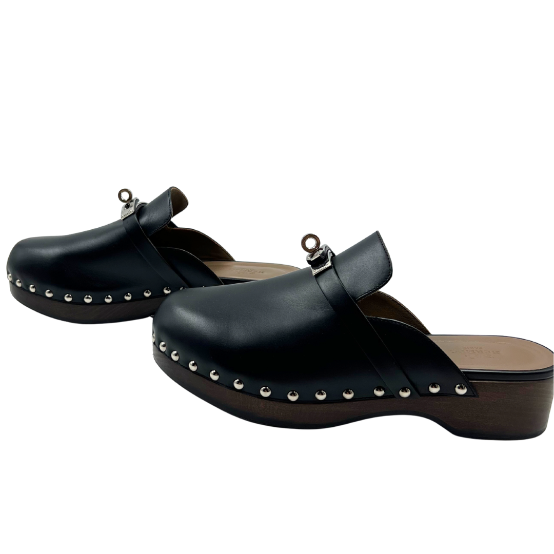 Hermes 6.5 37 Black/Brown Leather Mules