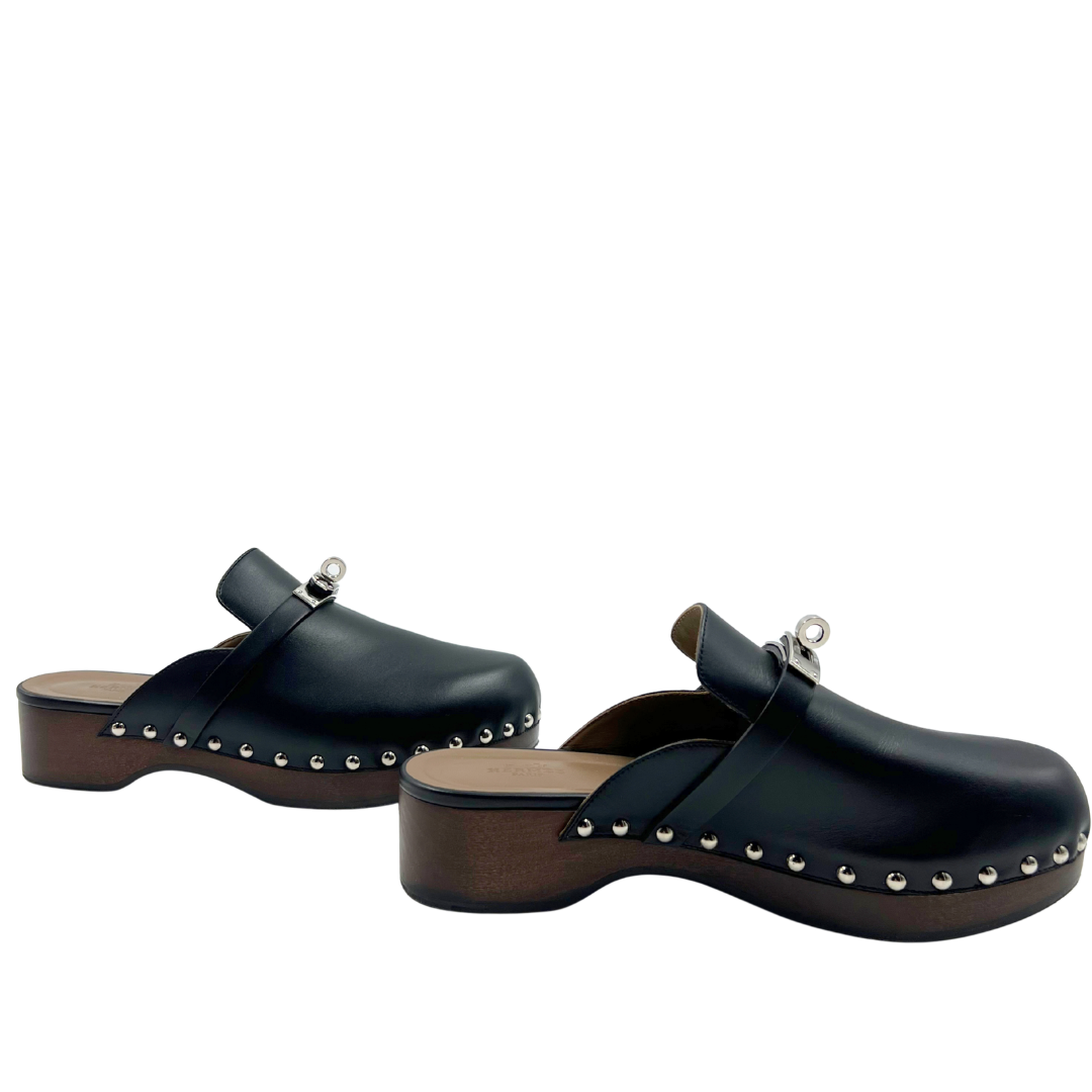 Hermes 6.5 37 Black/Brown Leather Mules