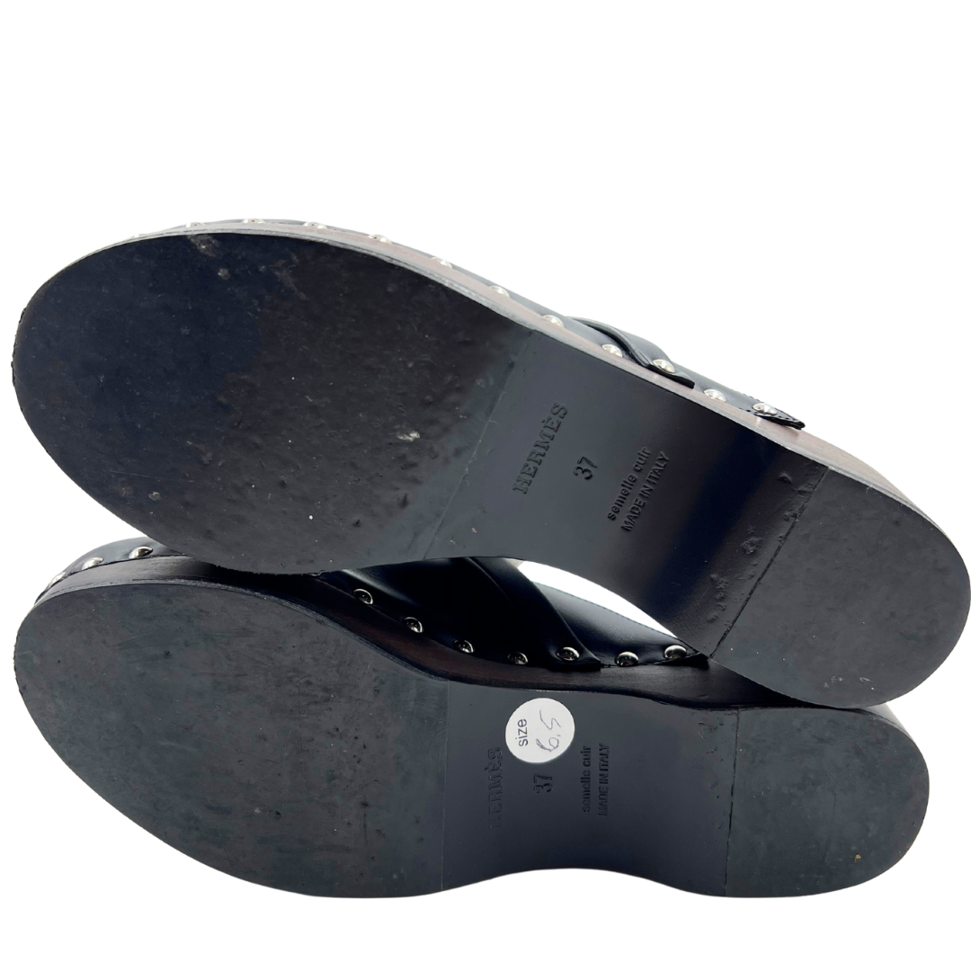 Hermes 6.5 37 Black/Brown Leather Mules