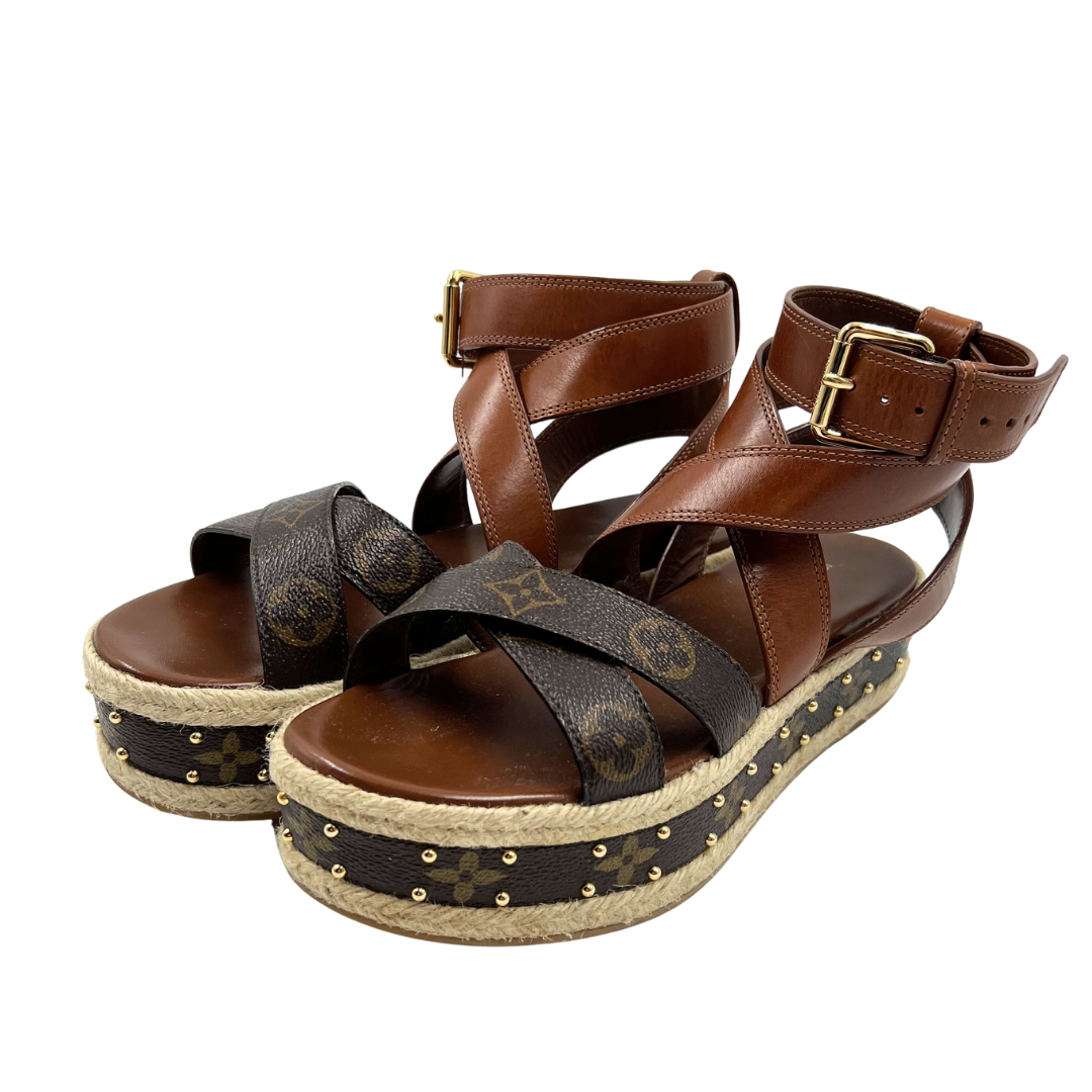 Louis Vuitton 37.5 Brown Boundary Platform Espadrille Sandals