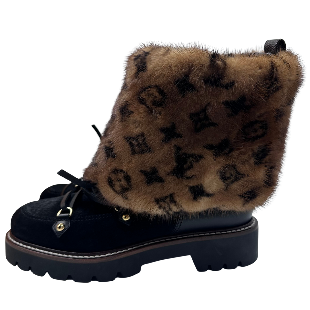Louis Vuitton 37 Black/Brown mink fur/suede/coated canvas Boots