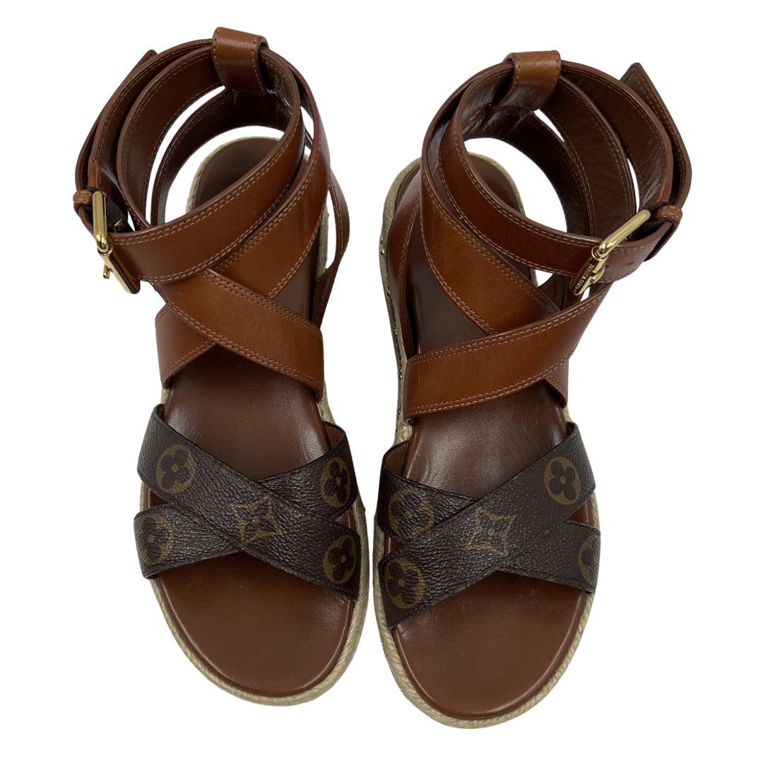 Louis Vuitton 37.5 Brown Boundary Platform Espadrille Sandals