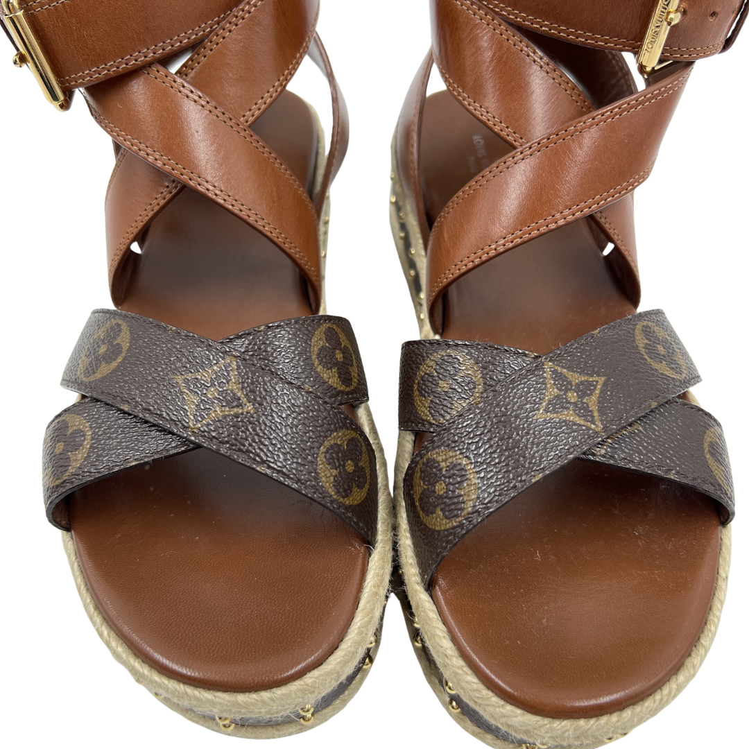 Louis Vuitton 37.5 Brown Boundary Platform Espadrille Sandals