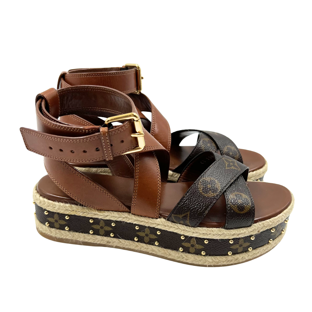 Louis Vuitton 37.5 Brown Boundary Platform Espadrille Sandals