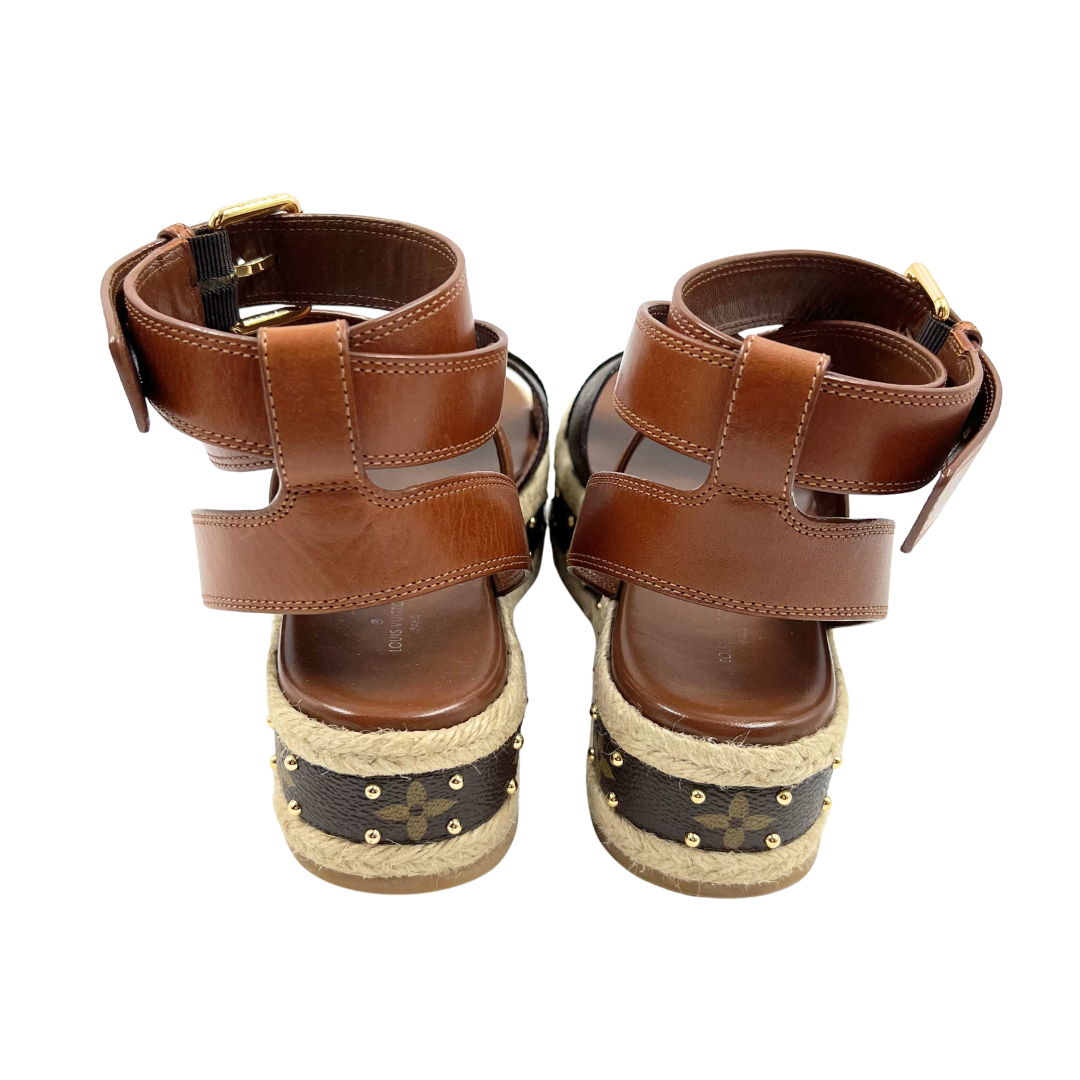 Louis Vuitton 37.5 Brown Boundary Platform Espadrille Sandals