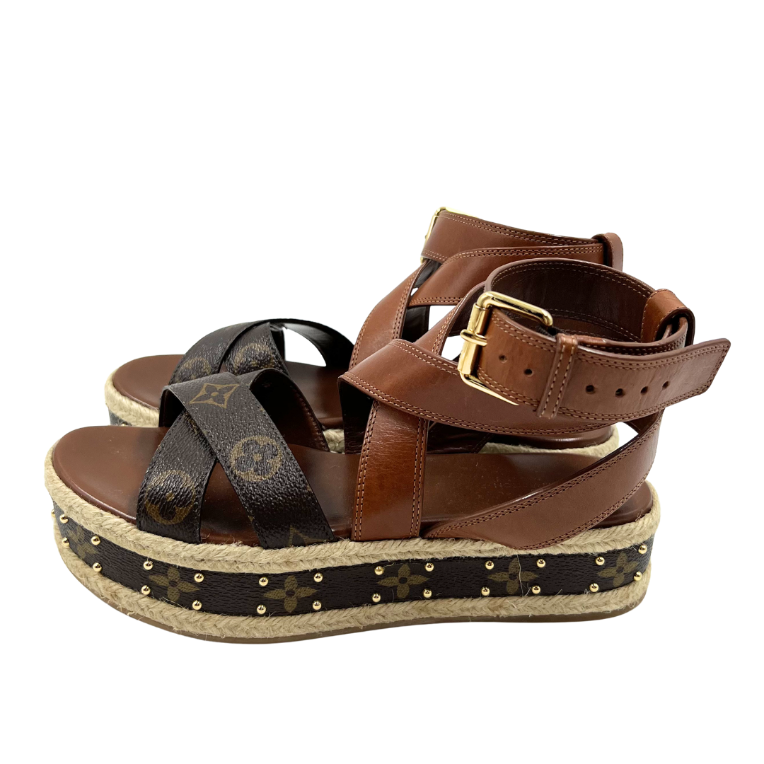 Louis Vuitton 37.5 Brown Boundary Platform Espadrille Sandals