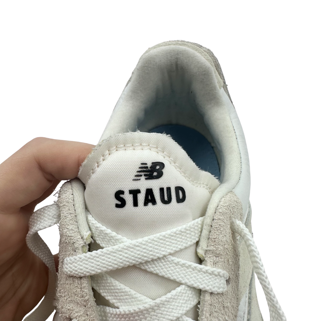 New Balance x Staud 7.5 Tan/Ivory Canvas & Leather Sneakers