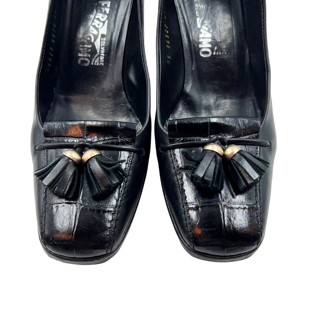 Salvatore Ferragamo ブラックメッシュハイヒール フェラガモ パンプス/ハイヒール シューズ レディース ヴァラ リボン