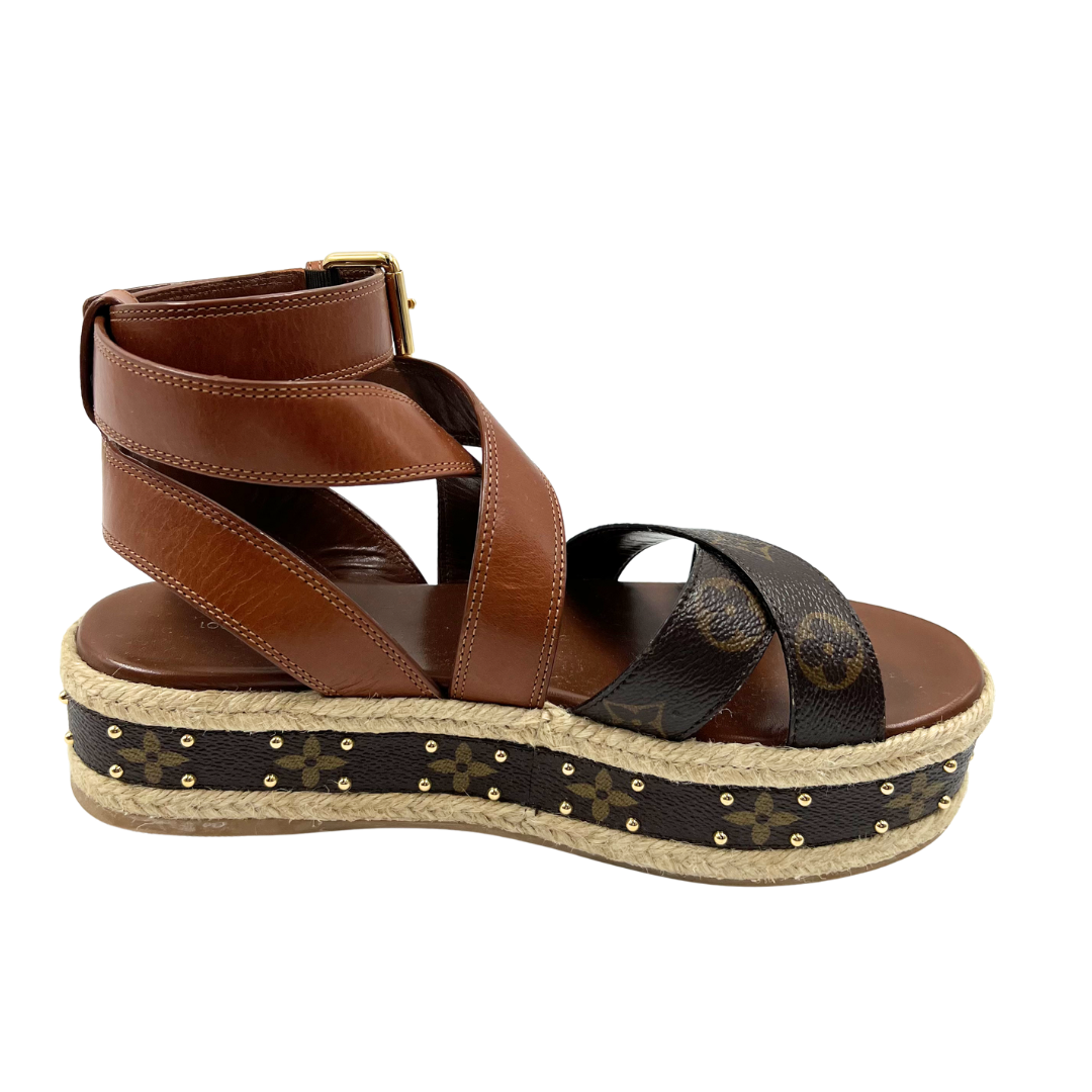 Louis Vuitton 37.5 Brown Boundary Platform Espadrille Sandals
