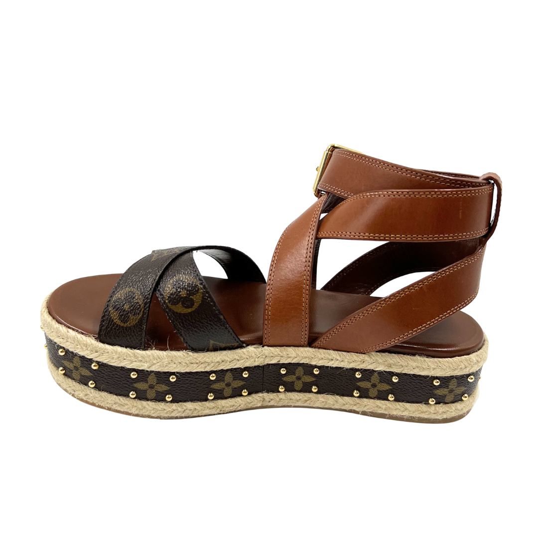 Louis Vuitton 37.5 Brown Boundary Platform Espadrille Sandals