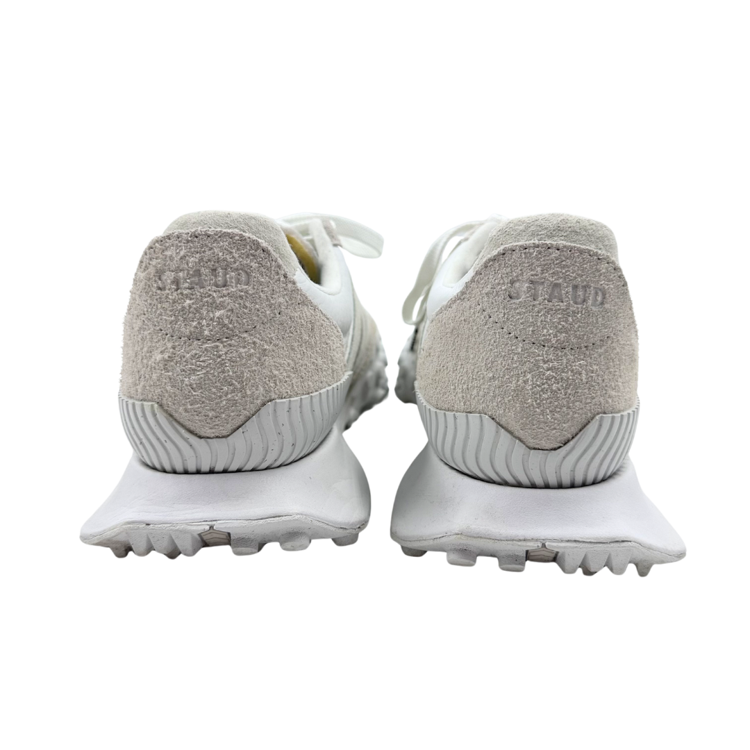New Balance x Staud 7.5 Tan/Ivory Canvas & Leather Sneakers