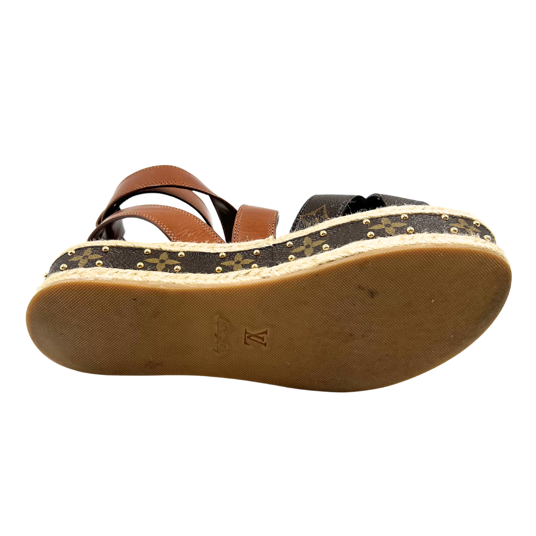 Louis Vuitton 37.5 Brown Boundary Platform Espadrille Sandals