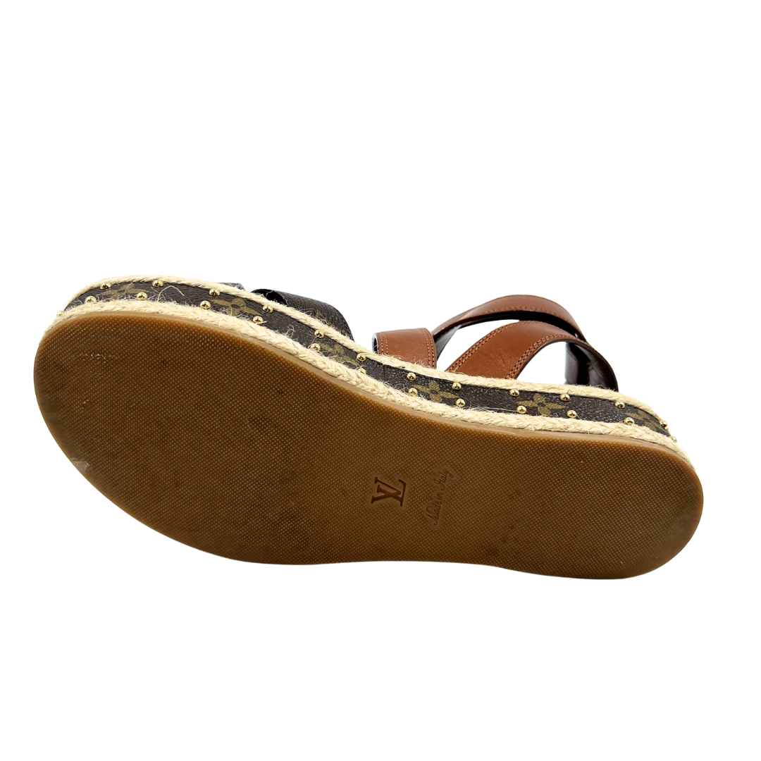 Louis Vuitton 37.5 Brown Boundary Platform Espadrille Sandals