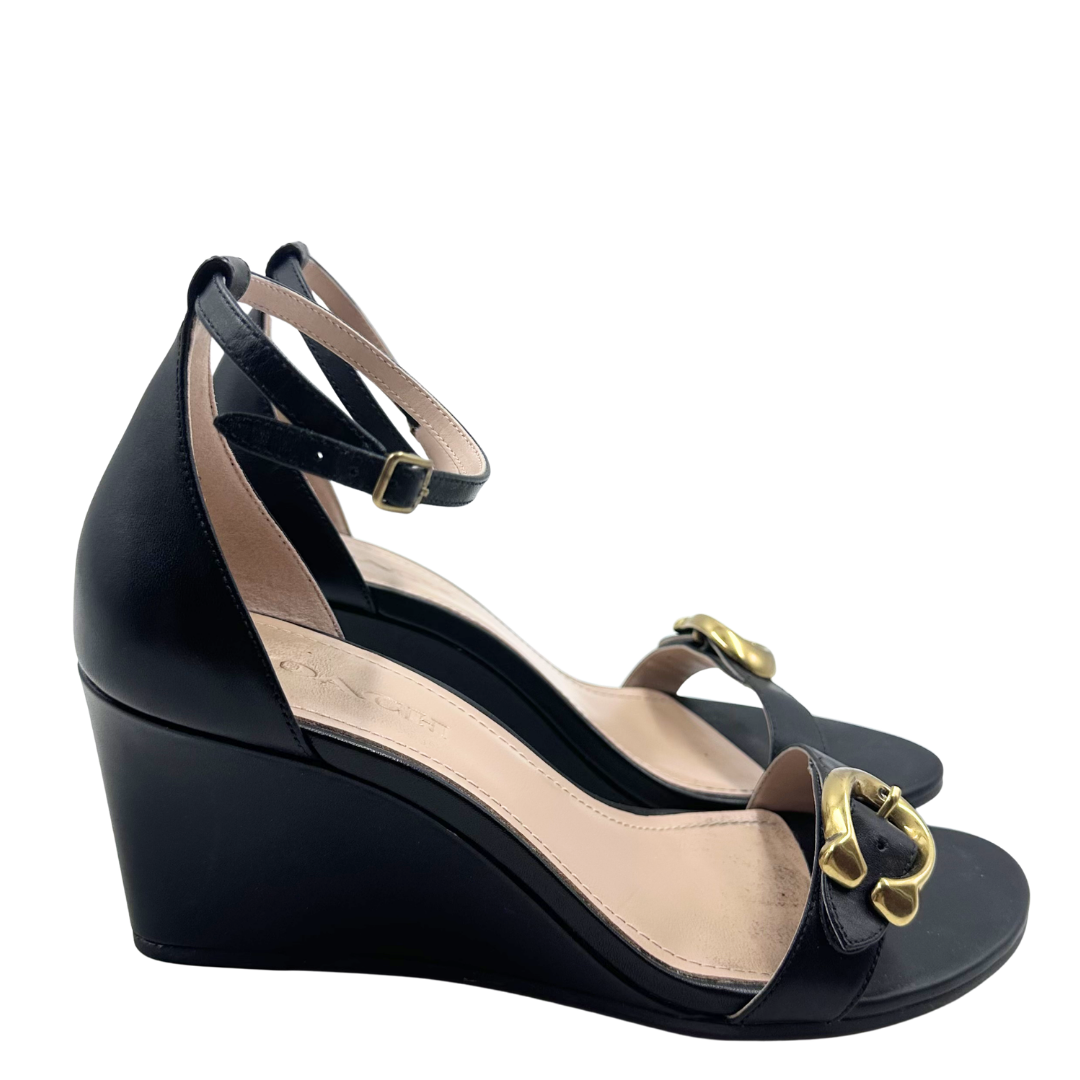 Coach 9 39.5 Black Leather Wedges