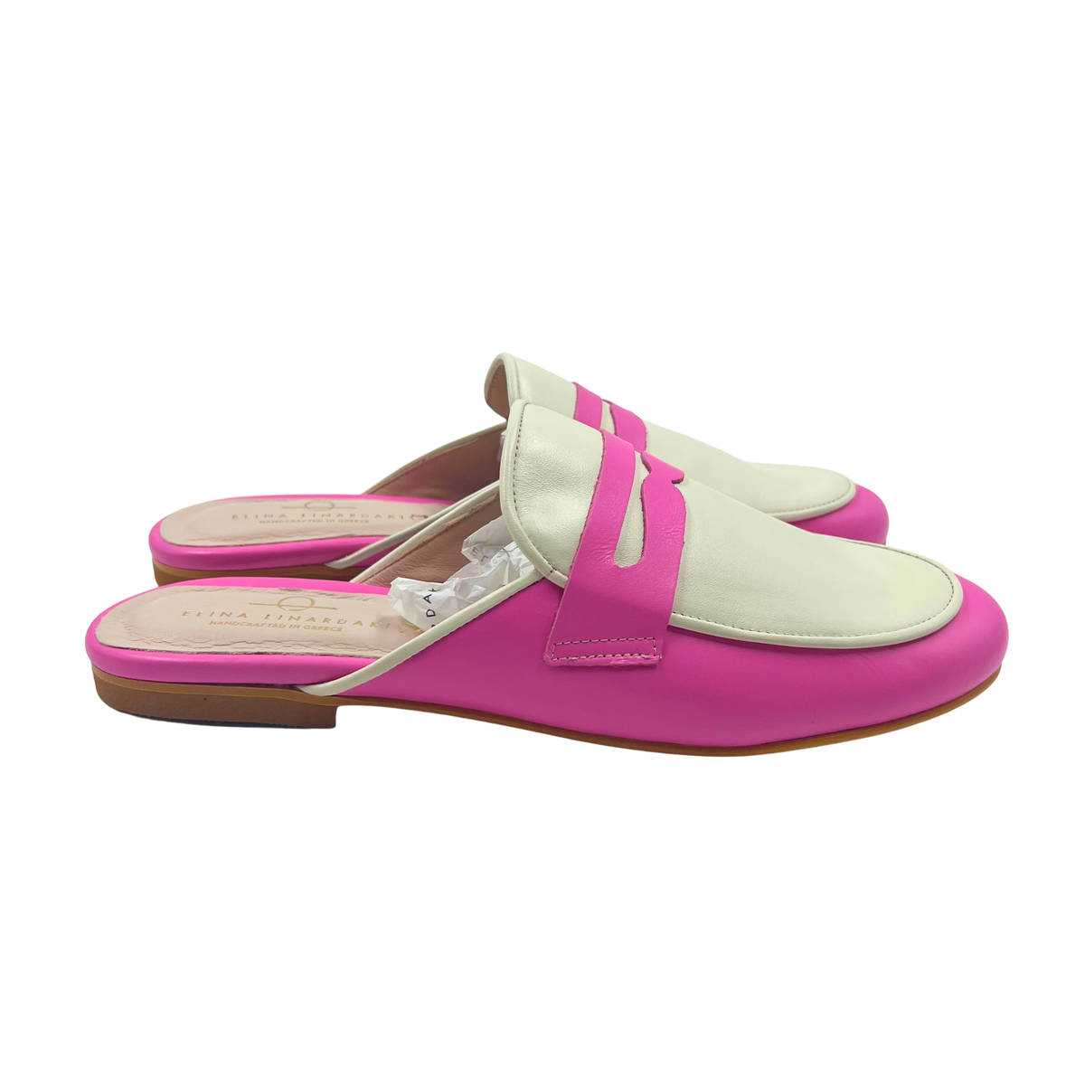 Elina Linardaki 40 Made in Greece Pink/White Leather Mules