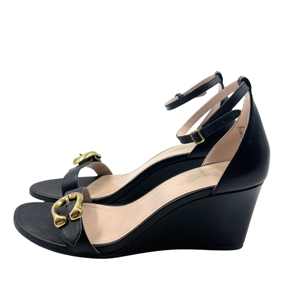 Coach 9 39.5 Black Leather Wedges