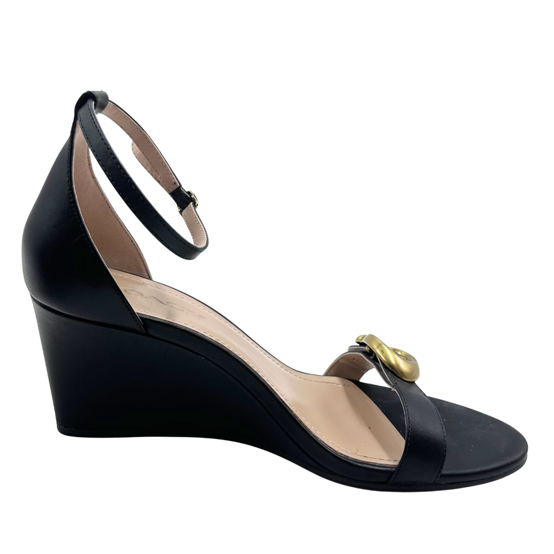 Coach 9 39.5 Black Leather Wedges
