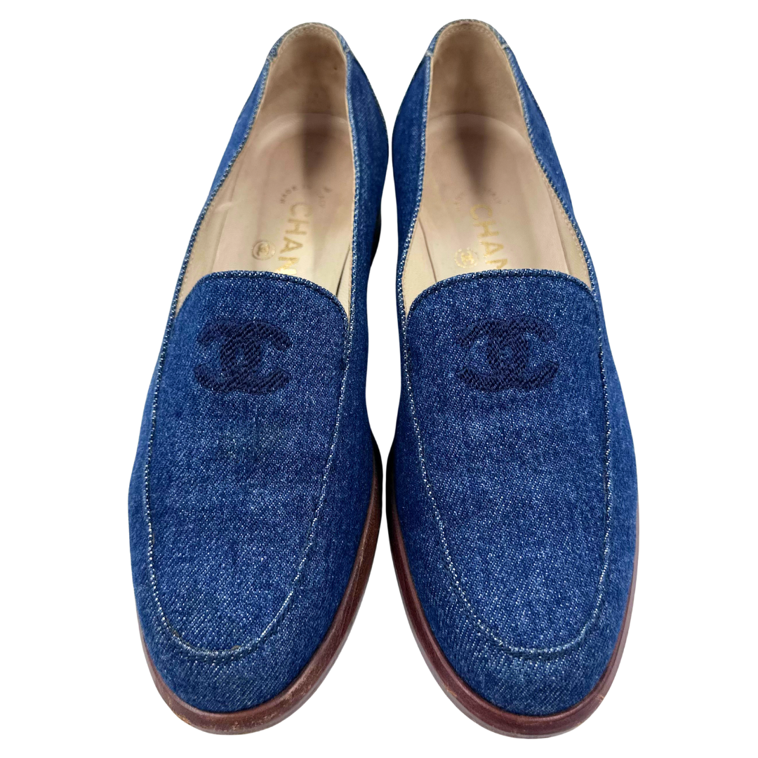 Chanel 8 38 Blue Denim Loafers