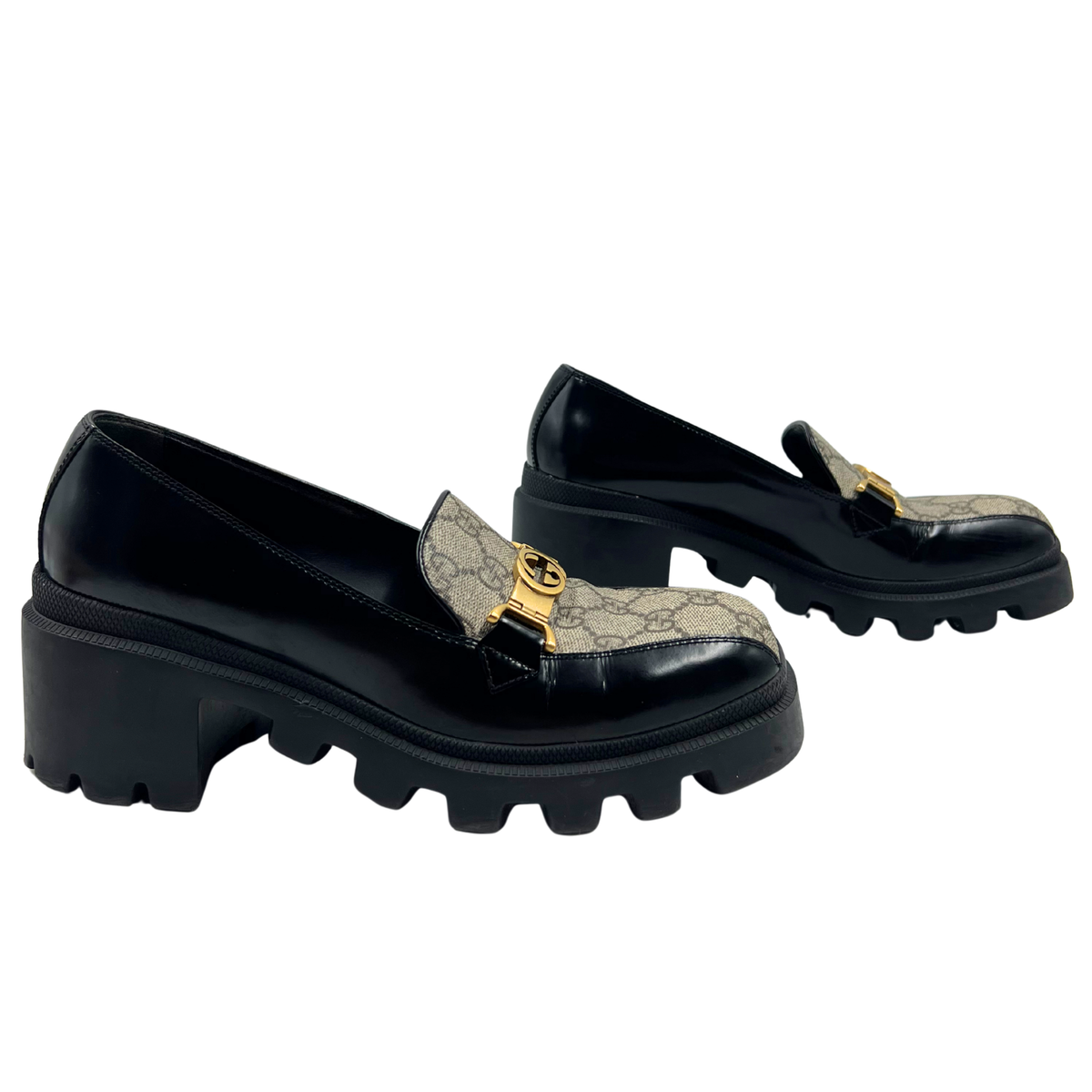 Gucci 9 39 Black GG Supreme Leather Loafers