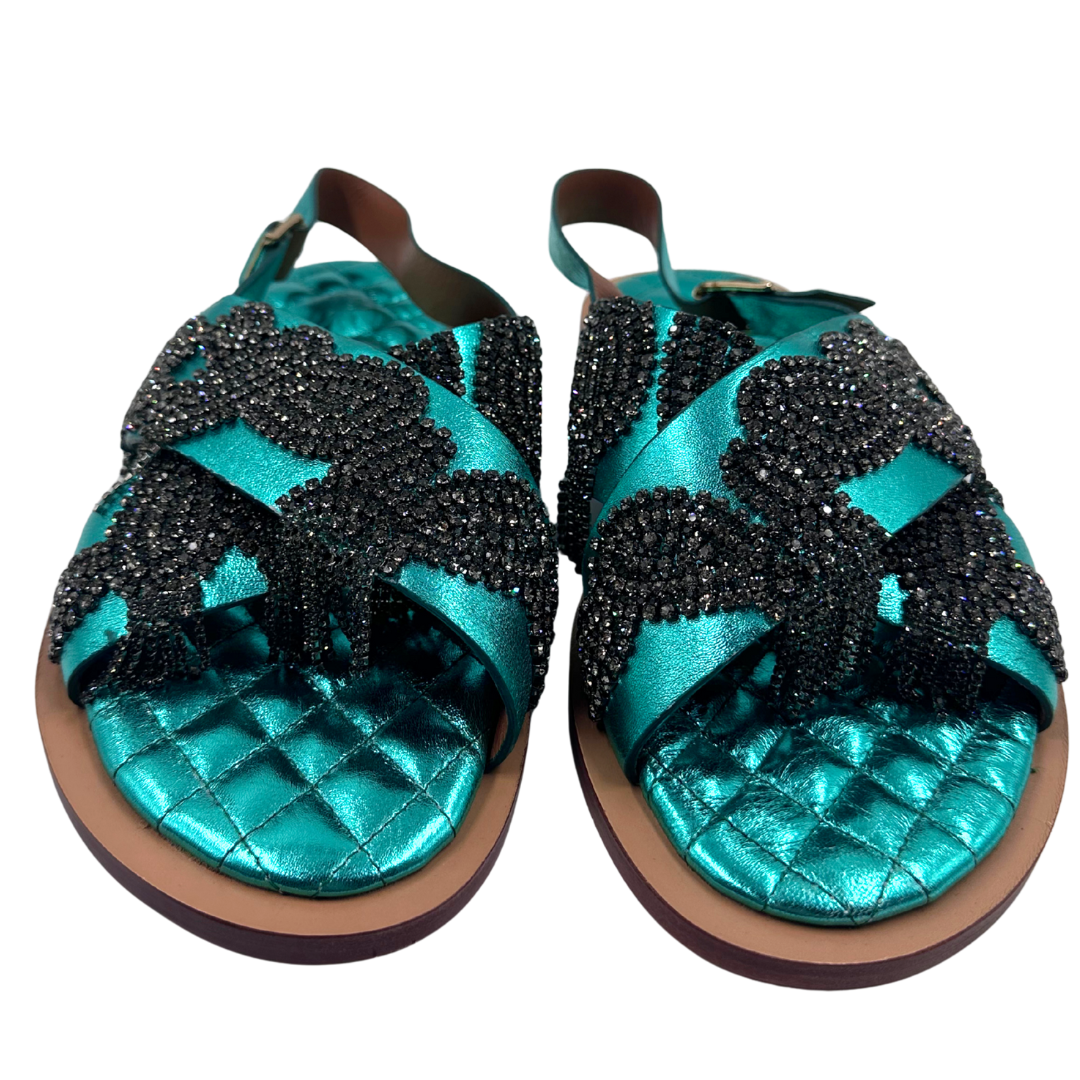 Sanchita 40 Green Metallic Leather Sandals