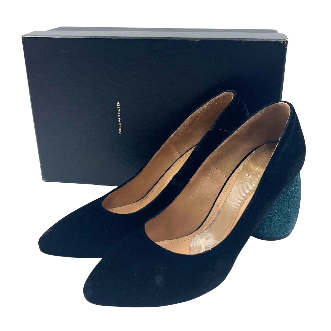 Dries Van Noten 38.5 black/teal Velour Heels