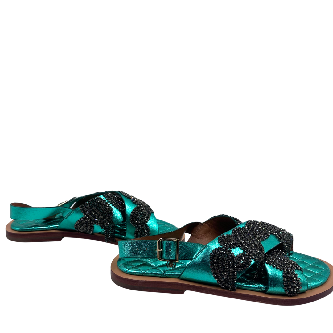 Sanchita 40 Green Metallic Leather Sandals