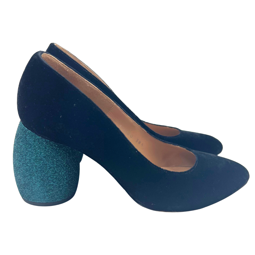 Dries Van Noten 38.5 black/teal Velour Heels