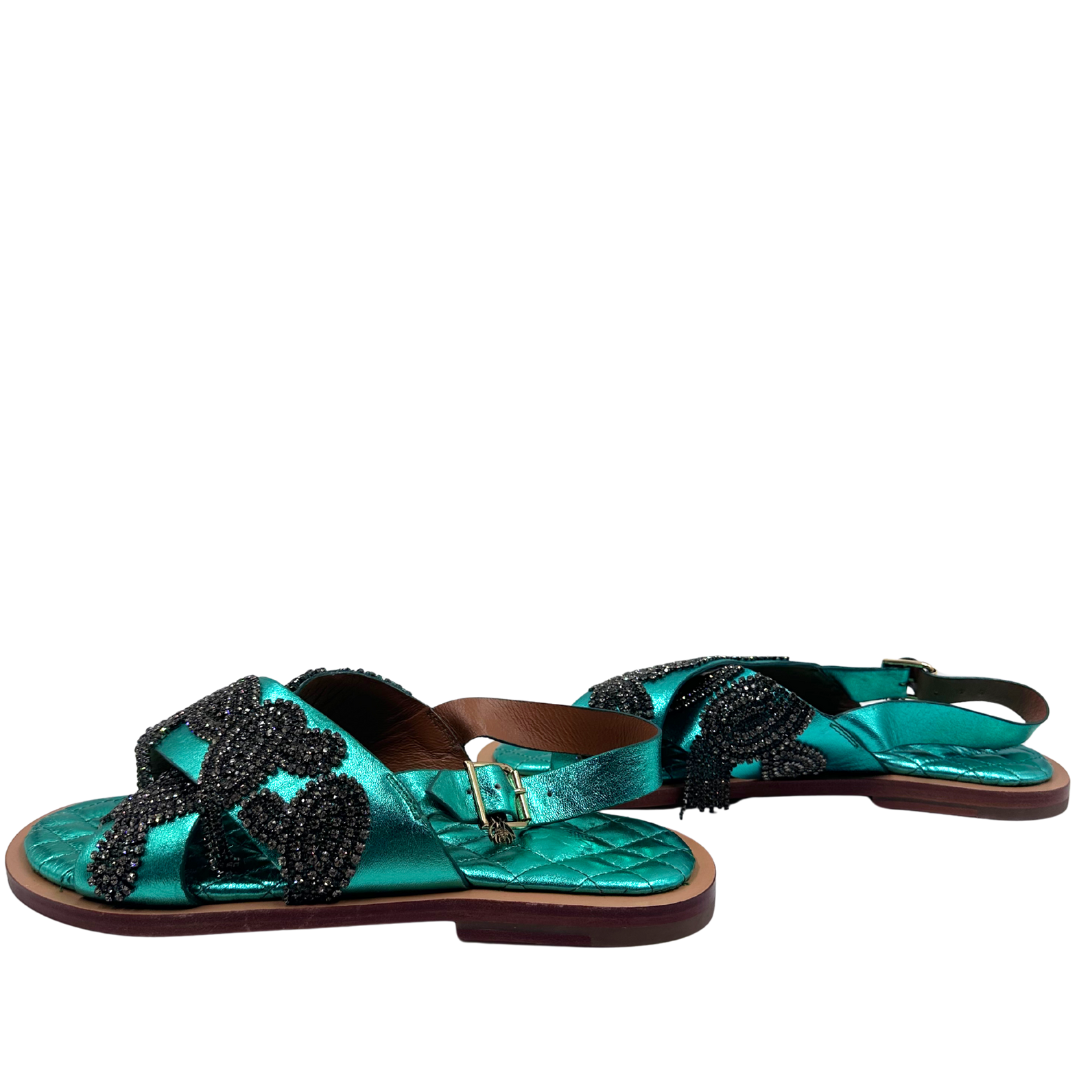 Sanchita 40 Green Metallic Leather Sandals