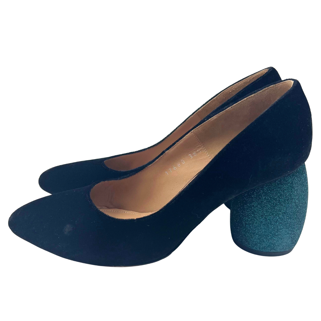 Dries Van Noten 38.5 black/teal Velour Heels