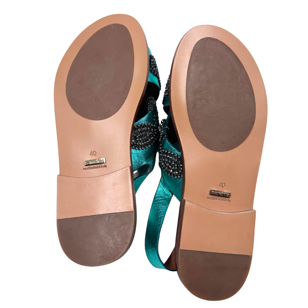 Sanchita 40 Green Metallic Leather Sandals