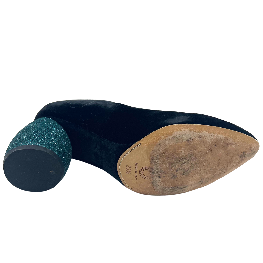 Dries Van Noten 38.5 black/teal Velour Heels